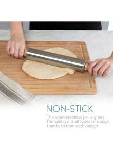 Stainless Steel Rolling Pin - 17" Non Stick Metal Roller With Wood Handles For Baking, Cooking, Cookies, Biscuits, Pizzas, Dough, Pastry - 1 - View 2