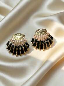 1 Pair Minimalist Black Pink Enamel Shell Earrings, Versatile Gold Plated Jewelry For Women, Great Mother's Day Gift For Office, Casual & Family Gathering - Multicolor - View 13