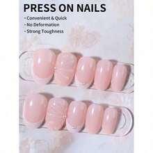 24pcs Short Oval 3D Gel Nail Stickers, Create Faux Pearl Flower Nail Art, French Acrylic Press-On Nails, Short Size Perfectly Fit False Nails Set, Includes: 1pc Jelly Gel And 1pc Nail File, Easy To Wear, French Nail Stickers Suitable For Women And Girls For Daily, Party And Other Occasions Nail Supplies - 彩色 - 查看 2
