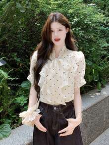 2026 New Arrival French Ruffle Heart Polka Dot Chiffon Blouse, Bowknot Short Sleeve Top, Elegant For Autumn Summer - Apricot - View 5