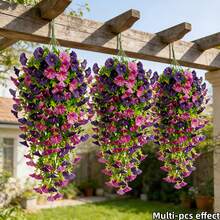 JHSHUDSE 7 piezas - Decoración colgante artificial de campanilla de colores mixtos para exteriores | Florecimiento vívido con hojas de eucalipto | Sin mantenimiento | Adecuado para decoración del hogar, jardín, patio, interior/exterior, boda, fiesta, regalo de inauguración de casa, decoración vertical de gazebo Plantas artificiales - 7 artículos morados - Ver 7