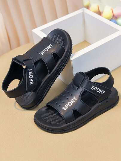 1 Pair Unisex New PU Hook And Loop Design Flat Cute Sandals, Shock-Absorbing Non-Slip Children Beach Shoes, Suitable For Summer