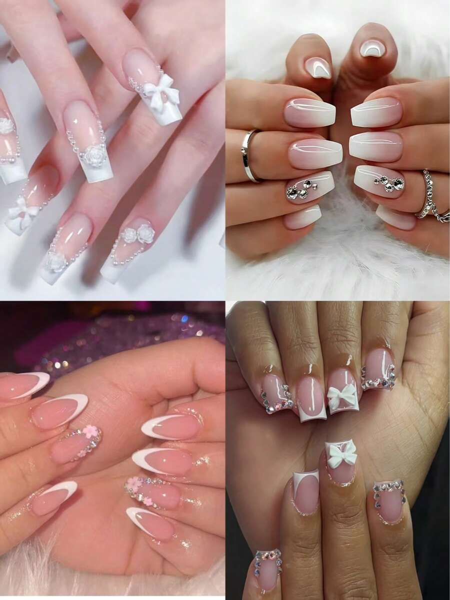 24pcs Neutral Nail Stickers Set, White French Design, Glossy Finish Removable Full Coverage, Long-Lasting. Set Includes 1 Sheet Of Adhesive Stickers And 1 Mini Nail File, Suitable For Daily Wear. - White - View 1