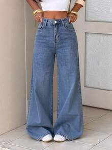Pantalones de mezclilla rectos lavado, elásticos, efecto levantador de glúteos, control abdominal y caída amplia - azul claro - Ver 2