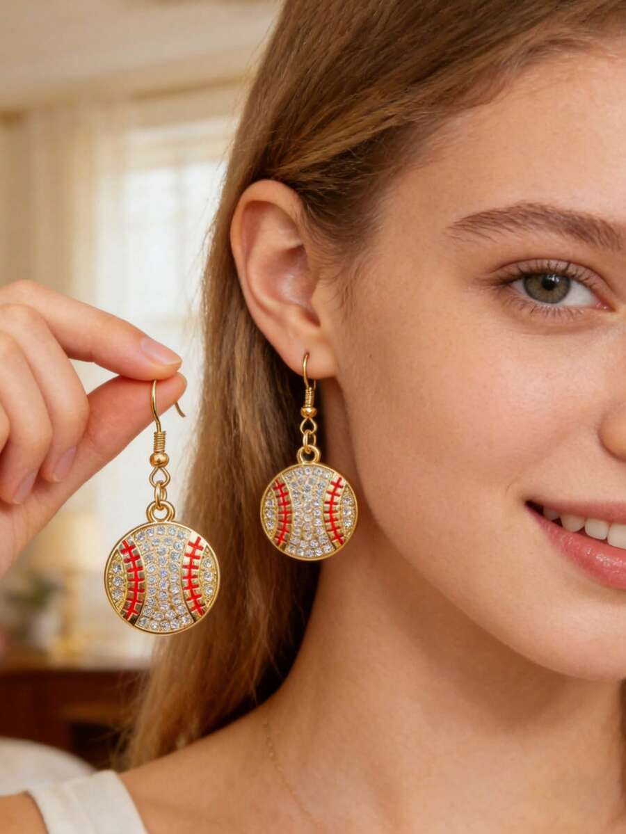 1 Set Women's Rhinestone Baseball Earrings, Suitable For Sports Fans, Suitable For Parties And Sports Events, Unique Design Gift - Balls - View 1
