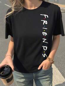 Camiseta casual y suelta de cuello redondo de manga corta para mujer, apta para el verano, camiseta gráfica - Negro - Ver 6