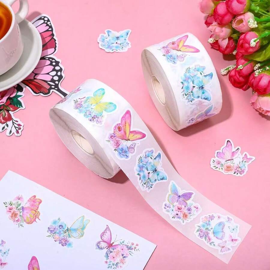 500pcs/Roll Watercolor Butterfly Stickers, 9 Cute Designs, Decorative Non-Adhesive Stickers Suitable For Various Decorations - Multicolor - View 1