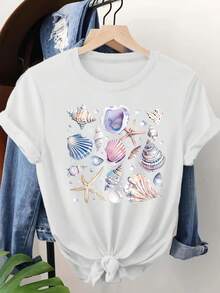 Mother's Day Mama Bear Graphic Tee 100% Cotton Light Blue Underwater Marine Life "Shell" Pattern Print - Vibrant Ocean Casual Crew Neck Short Sleeve T-Shirt - Spring/Summer - Suitable For Daily Wear Breathable Cotton Tee, All Match - 白色 - 查看 6