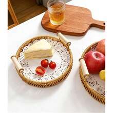 VPY Round Rattan Tray, Handwoven With Natural Rattan, Dual Wooden Handles Design, Suitable For Living Room Coffee Table Storage, Bedroom Nightstand, Kitchen Fruit Display, Maintenance-Free And Durable, Adds Natural And Warm Ambiance To Home Decor, Practical Soft Furnishing Accessory - Mocha Brown-with Handle - View 6