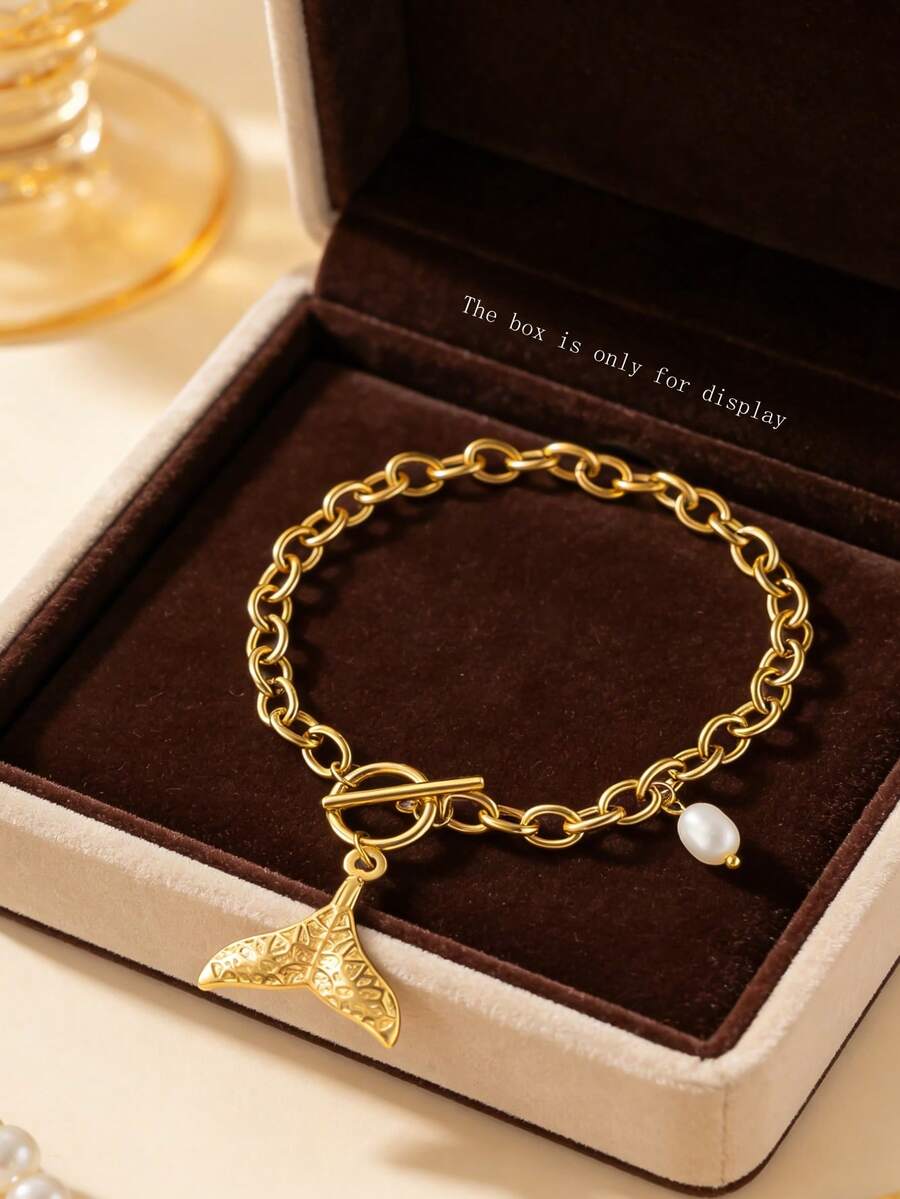 1件装不锈钢女士手链，饰有白色珠子和纹理鱼尾设计，适合日常佩戴、派对和海滩度假。 - 金黃色 - 查看 1
