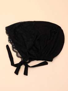 1pc Lace Trim Wrap Bonnet Hair Bonnet Turban Valentine's Day Valentines Sleep Bonnet - Dark Grey - View 3