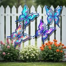 4 piezas Decoración de pared de mariposas de metal coloridas para el jardín, adornos colgantes para valla de patio al aire libre, arte de pared estilo pintado, decoración del paisaje - 4 piezas de mariposa - Ver 9
