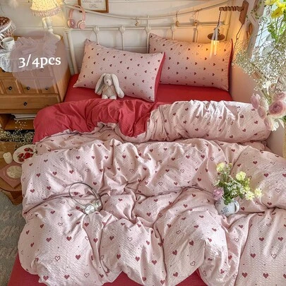 3/4件套床上用品，韩版粉色爱心泡泡雪纺被套，舒适柔软的涤纶床上用品套装，蓬松少女风卧室装饰，四季皆宜，包含1件被套（不含填充物）、1件床单、1/2件枕套（不含填充物）