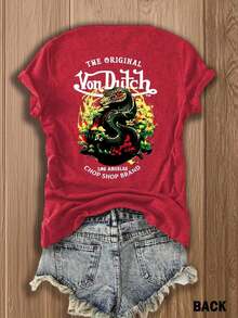 Double-Side 1pcs Women's Red Von Ditch Dragon Floral Design Red And Green Print Fabric Soft & Skin-Friendly Unisex Style Gifts For Spring Festival, Valentine's Day, St. Patrick's Day & World Cup-Van Dutch Dragon Print Women T Shirt Classic Americana Style Graphic High Quality - 紅色 - 查看 3