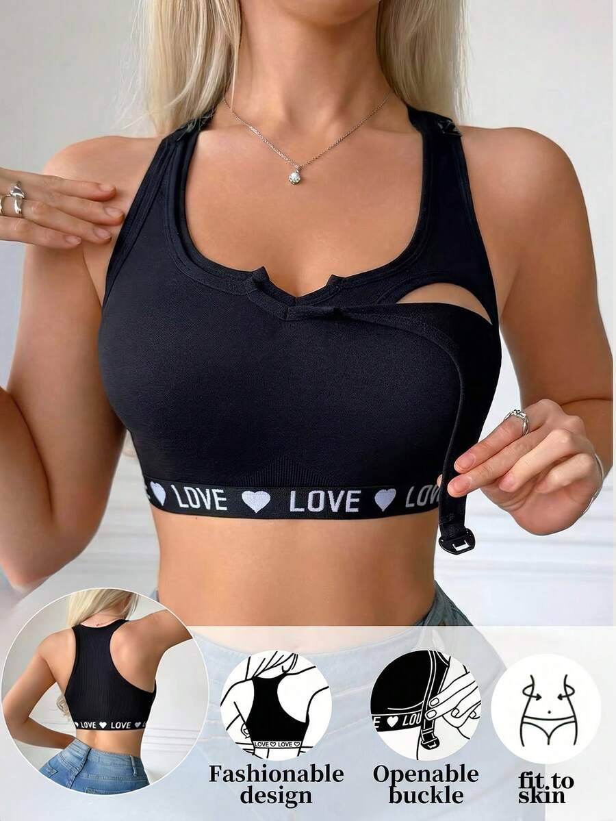 1件装女士时尚字母印花无缝哺乳文胸，可拆卸肩带方便哺乳，无钢圈无垫孕妇文胸 - 黑色 - 查看 1