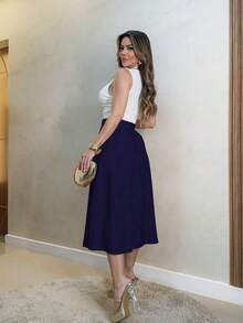 A&DD MODA, REF: AS-1423 Women's Umbrella Skirt | High Waist Skirt | A-Line Skirt | Women's Temperament Skirt | Elegant Skirt | Sophisticated Look | Women's Casual Skirt | Stylish Skirt | Versatile Women's Skirt | Refined And Comfortable Look | Modern Skirt - Màu xanh hải quân - Xem 2