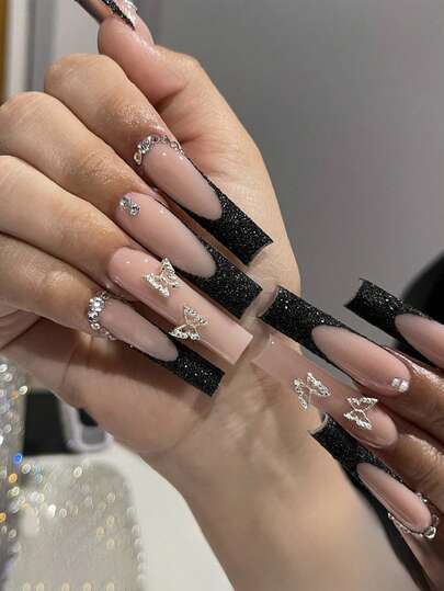 24pcs Black & Silver Edged French Manicure Nail Set, Nude Pink Ombre Long Nails, Versatile For Work & Daily Wear, Includes 1 Nail File And Gel Polish