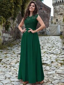 MIUSOL Floral Lace Short Sleeve Chiffon Satin Waist Formal Party Maxi Dress, Elegant Women's Party Gown, Ball Gown, Wedding Guest Dress, Graduation Ceremony Dress, Evening Gown Summer - Dark Green - View 9