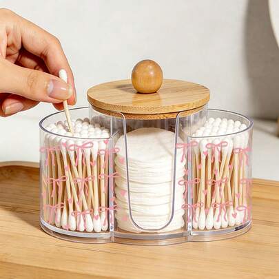 Hộp đựng đồ trang điểm 3 trong 1 bằng nhựa trong suốt, nắp tre, họa tiết nơ hồng, hộp đựng đồ trang điểm để bàn có hai lỗ tròn, hộp đựng mỹ phẩm trong suốt hai ngăn - Hộp đựng đồ trang điểm hiện đại có nắp đậy, hộp đựng đồ trang điểm phòng tắm.