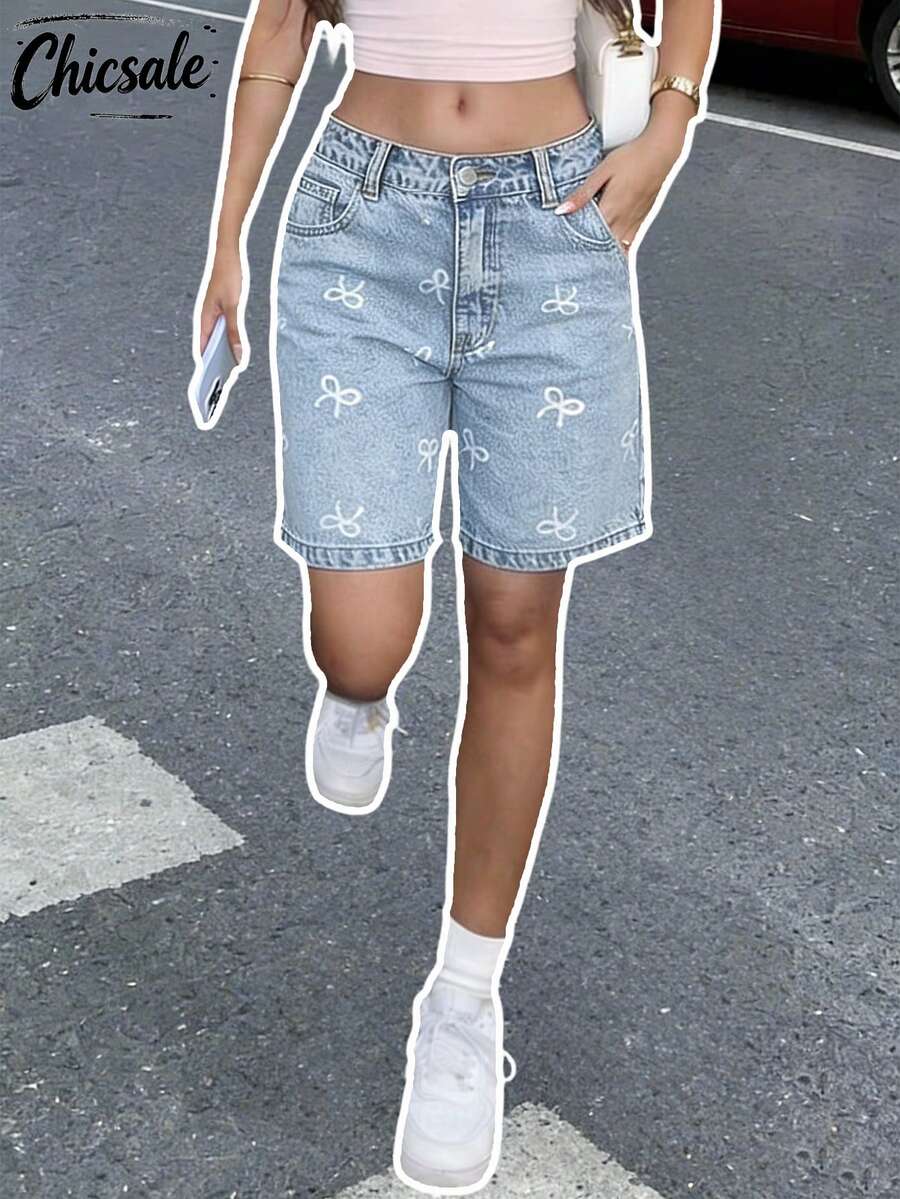 Shorts vaqueros de mujer con estampado de lazo, casuales para el verano - Lavado ligero - Ver 1