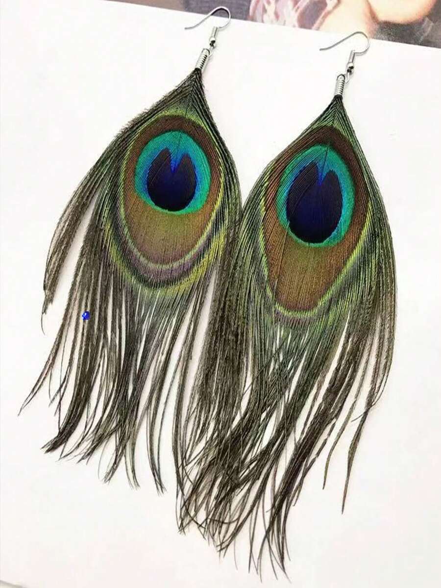 1 Pair Bohemian Peacock Feather Earrings Exaggerated Vintage Handmade Ear Jewelry - Silver - View 1