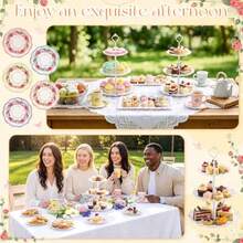 105 Pcs Floral Tea Party Set 50 Disposable Teacups With Handles 50 Saucers 2 Cake Stand 3 Tray For Women Flowe Tea Party Decorations For Birthday Princ - 彩色 - 查看 6