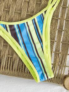 Conjunto de traje de baño de dos piezas con estampado integral sexy y minimalista para mujer, atuendo de fiesta, vacaciones en la playa y citas, nuevo lanzamiento de primavera/verano - Tiras de café azules - Ver 6