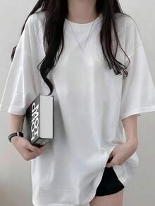 女士时尚圆领宽松中长款休闲纯色短袖T恤，夏季白色 - 白色 - 查看 2