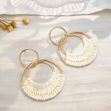1 Đôi bông tai hình tròn rỗng hình học mới, kiểu dáng Bohemian làm thủ công từ sợi raffia dành cho nữ, thích hợp cho mùa hè. - bông tai phong cách retro - Xem 1