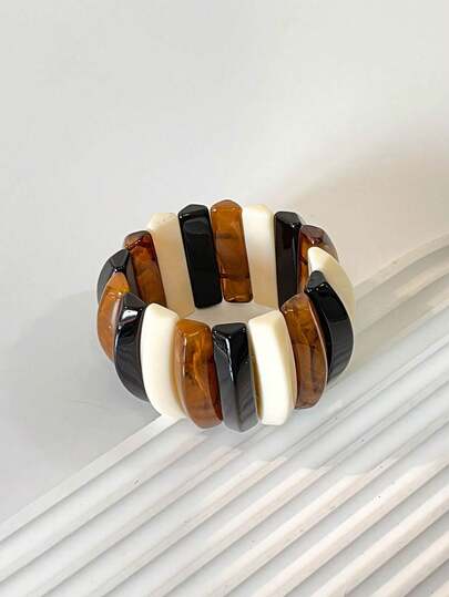 1 pieza Brazalete de resina de estilo retro de color block, diseño curvo texturizado tricolor negro, blanco y marrón de estilo casual francés, elegante, adecuado para mujeres y estudiantes, regalo de cumpleaños, festividad, uso diario, cita
