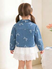 Áo khoác denim cho bé gái 4-7 tuổi, áo khoác denim, áo khoác in họa tiết nơ, áo denim cổ bẻ, áo khoác thường ngày, màu xanh nhạt, dáng rộng, thoáng khí dùng hàng ngày ngoài trời - Màu xanh lam - Xem 7