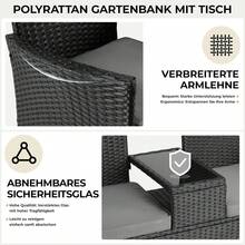 Polyrattan Garden Bench With Table, Balcony Furniture Set Of 2 With Soft Seat Cushions, Garden Furniture Set For Small Balconies, Weatherproof, UV-Resistant, Outdoor Bench For Patio, Garden - 黑色+灰色 - 查看 3