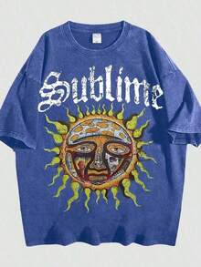 Unisex Sublime Band Sun Face Skull Print Graphic T-Shirt, Vintage Washed 100% Cotton Oversized Crew Neck Short Sleeve Tee, Retro 90s Rock Band Loose Fit Casual Shirt, Soft Breathable Streetwear Top For Men Women, Y2K Summer Vacation Daily Outfit,Holiday & Office Women T-Shirts,Comfortable - 藍色 01 - 查看 7