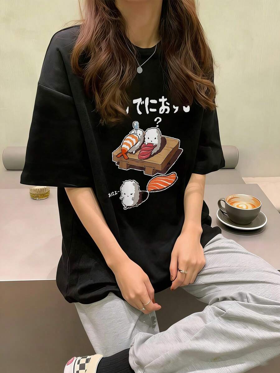 Áo thun nữ tay ngắn cổ tròn dáng rộng kiểu Nhật in chữ và hình cá, thích hợp mặc mùa hè. - màu đen - Xem 1