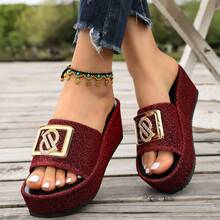 Women's Solid Color Beach Flat Sandals, Pure Metal, Suitable For Beach And Home, Spring/Autumn - Red - View 3