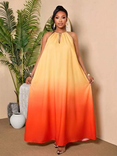 BIUBIU Plus Size Gradient Halter Cami Dress Sleeveless V Neck Tie Back Long Dress For Women Summer Beach Vacation