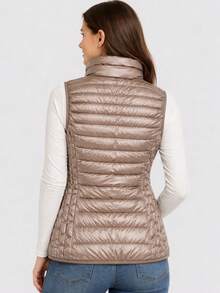 Women's Vest With A Stand-Up Collar, Quilted Vest With A Stand-Up Collar, Lightly Padded With Synthetic Down, Zipper Closure, Elastic Hems, 2 Pockets, Hip-Length, Casual, Spring/Summer - Khaki - View 2
