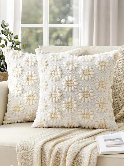 1Pc Spring Pillow Covers Pure White Spring Summer Flower Sunflower Pillowcases Farmhouse Decorative Soft Plush Faux Fur Jacquard For Couch Sofa Home Decor, Cushion Cover, Cushions, Pillow Cases, Bedroom Decoration, Home Deccor, Mother's Day Gift