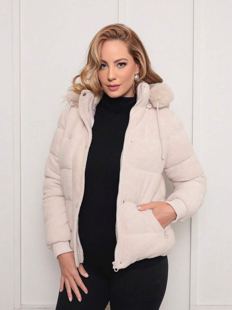 DUOUNO MODAS - WOMEN'S PUFFER JACKET, ULTRASUEDE SOFT, LINED, WITH REMOVABLE HOOD - TECHNOLOGICAL ULTRASUEDE SOFT PUFFER JACKET FOR WINTER - 香檳色 - 查看 1