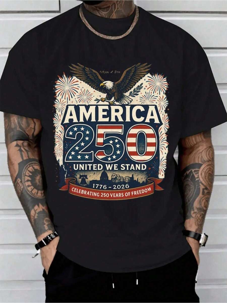 250th Anniversary American Flag T-Shirt |     1776-2026 250 Years Of Independence - 100% Cotton Vintage Patriotic Eagle & USA 250 Text Print |     Red White & Blue 4th Of July Shirt |     Pre-Shrunk Fit S-XXXL - màu đen - Xem 1
