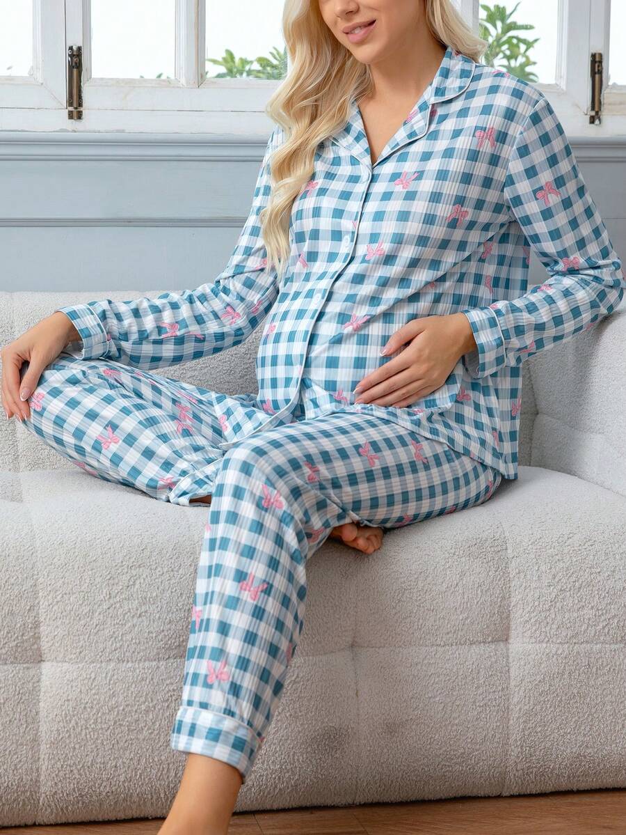 Bộ đồ ngủ sau sinh cho bà bầu, áo khoác cardigan và quần dài màu xanh kẻ caro nhẹ, có nơ, thích hợp mặc ở nhà cho phụ nữ mang thai. - Nhiều màu - Xem 1
