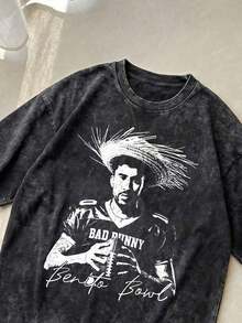 Bad Acid Bunny Benito Bowl Graphic Tee Acid Washed Shirt Unisex Couple Matching Boyfriend Style Football Jersey Portrait Straw Hat Print Reggaeton Music Merch Distressed Cotton Summer Outfits Graphic Tees Men Oversized T Shirt Camisetas Para Hombre - 黑色 - 查看 3