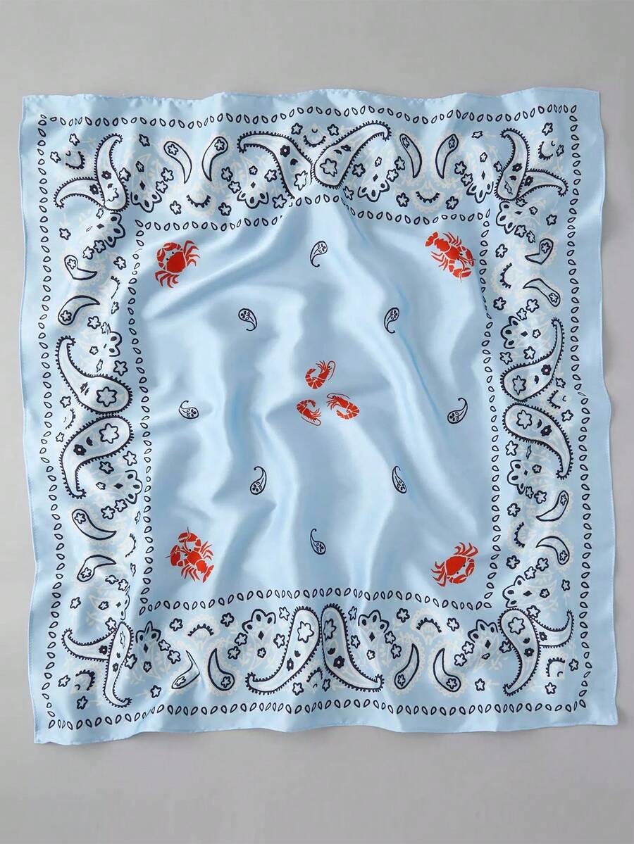 1条女士时尚佩斯利花纹螃蟹虾印花围巾，多功能头巾/颈巾/发带，适合日常佩戴 - 藍色 - 查看 1