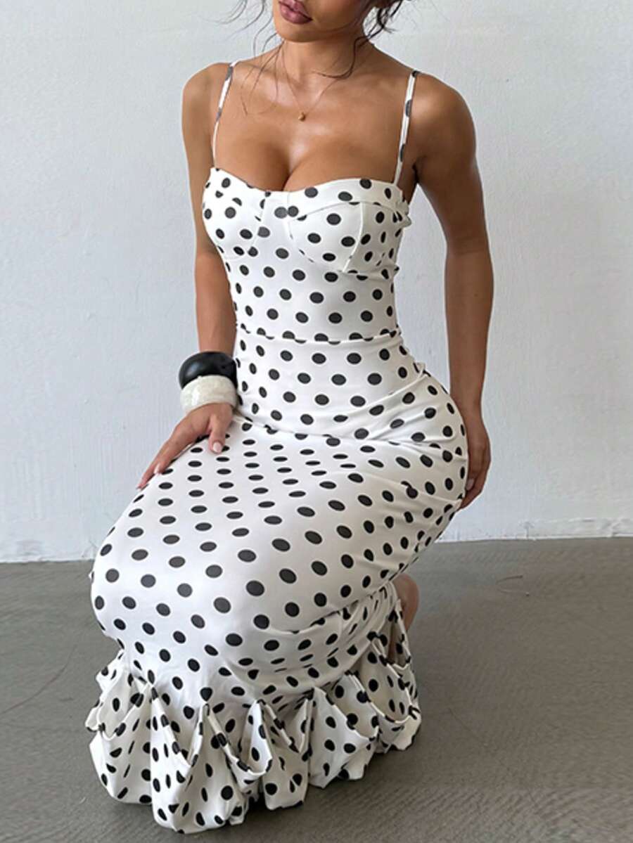 Rochie elegantă tricotată cu buline, spate fără bretele, potrivită pentru plajă, nuntă, vacanță, întâlnire de seară, primăvară/vară - alb - Vizualizare 1