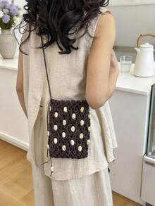 Bolso de teléfono estilo bohemio con cuentas y conchas marinas tejidas huecas, bolso bandolera de playa para primavera/verano - Café - Ver 5