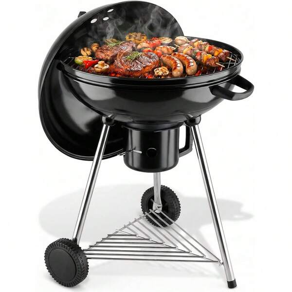 Kettle Barbecue Diameter 57 Cm, Charcoal Grill/Porcelain Enamelled Lid And Kettle, 55 Cm Grill Surface, Height 97 Cm, Barbecue Charcoal For Camping, With Removable Ash Tray, Tripod Stand And 2