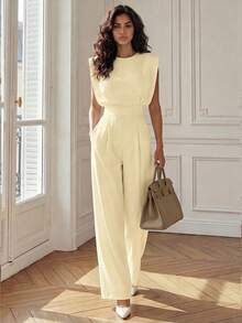 Bộ jumpsuit dáng rộng, thanh lịch, thoải mái, phù hợp cho công sở và đi làm hàng ngày, phong cách Pháp tối giản, thích hợp cho nữ mùa hè. - Màu vàng - Xem 2