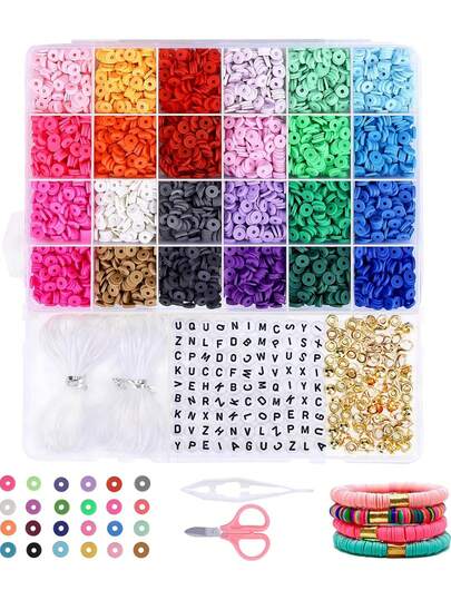 粘土珠，4500颗扁平圆形间隔粘土珠，用于制作手链、耳环、DIY工艺品，适合节日礼物（24色，6毫米）