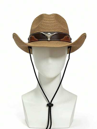 1pc Unisex Solid Color Wide Brim Panama Woven Straw Hat, Fashionable Retro Cowboy Hat Chain Decor, Versatile Casual Sun Hat For Outdoor, Cycling, Beach, Suitable For Daily Use, Spring/Summer/Autumn