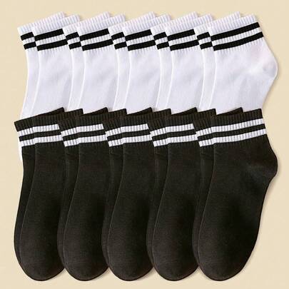 10 pares de calcetines cortos minimalistas a rayas blancas y negras para mujer, adecuados para la escuela y deportes